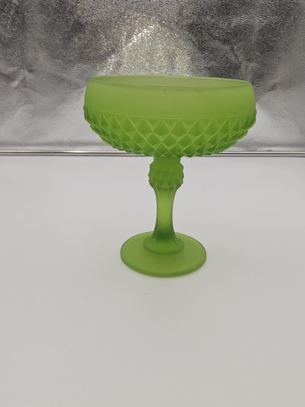 Vintage Indiana Glass Diamond Point Satin Green Pedestal Compote